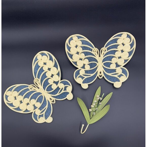 Vintage 70s Butterfly Wall Decor Set Of 2 With Leaf & Flower Design Hooks